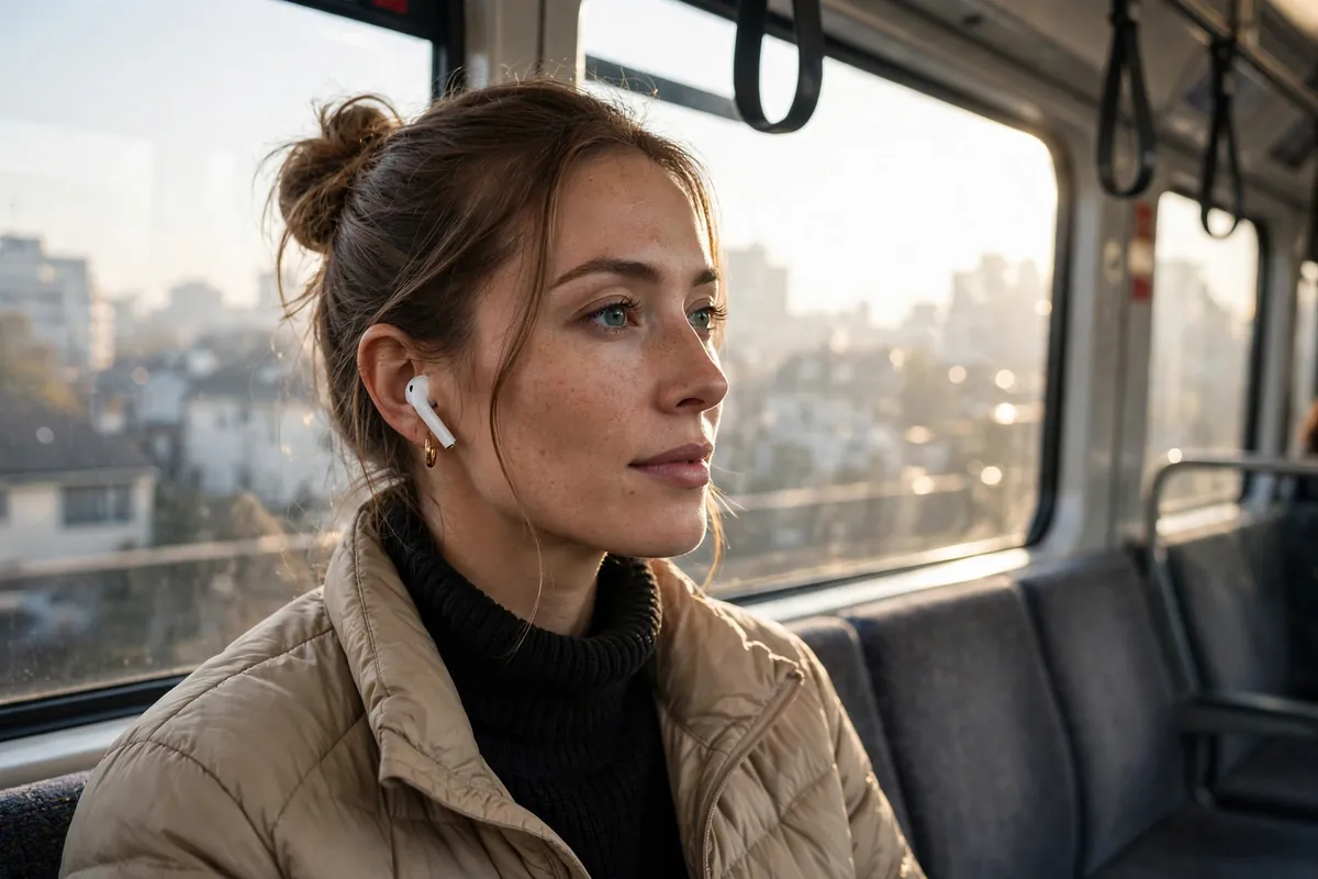 person wearing wireless earbuds on a morning commute