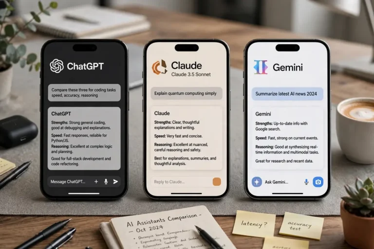 chatgpt vs claude vs gemini comparison of AI assistants on a desk