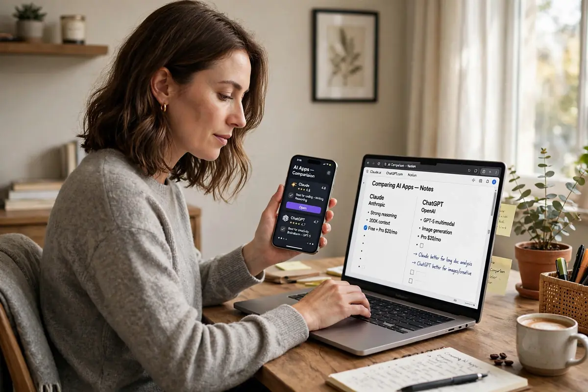 person comparing chatgpt vs claude vs gemini apps on phone and laptop