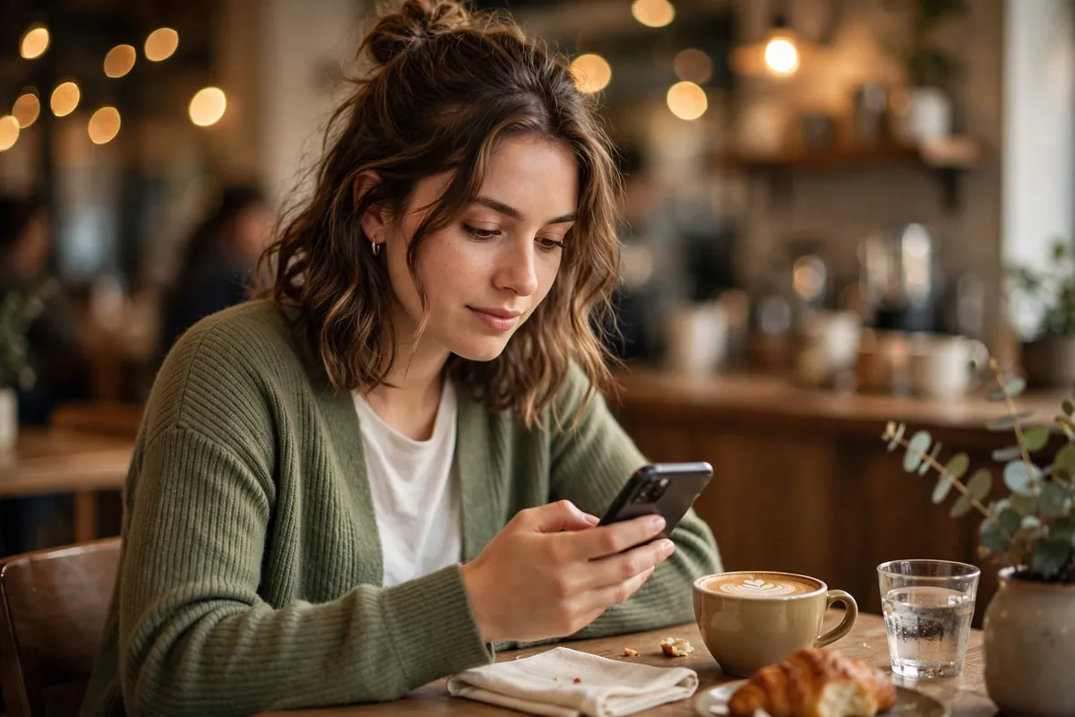 person using a free vpn app on a smartphone while working at a coffee shop