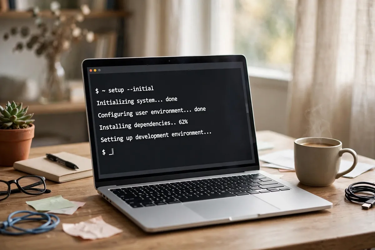 New laptop on a desk during first setup with terminal window open, best laptops for programming setup guide