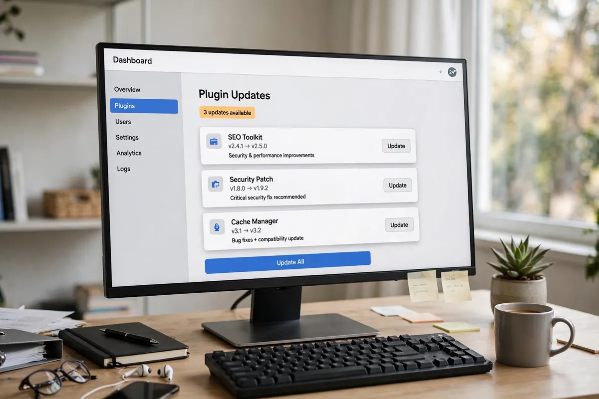 Website dashboard showing plugin updates, illustrating how to secure WordPress