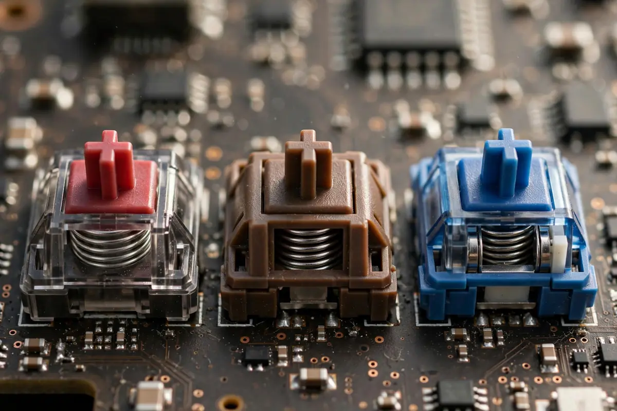 Close-up of mechanical keyboard switches showing linear, tactile and clicky types