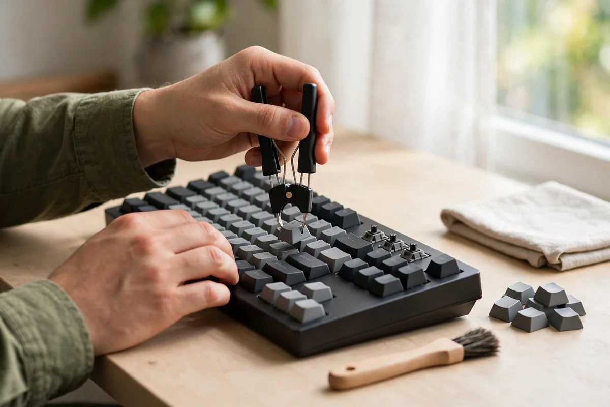 Person cleaning a mechanical keyboard with a keycap puller on a tidy desk