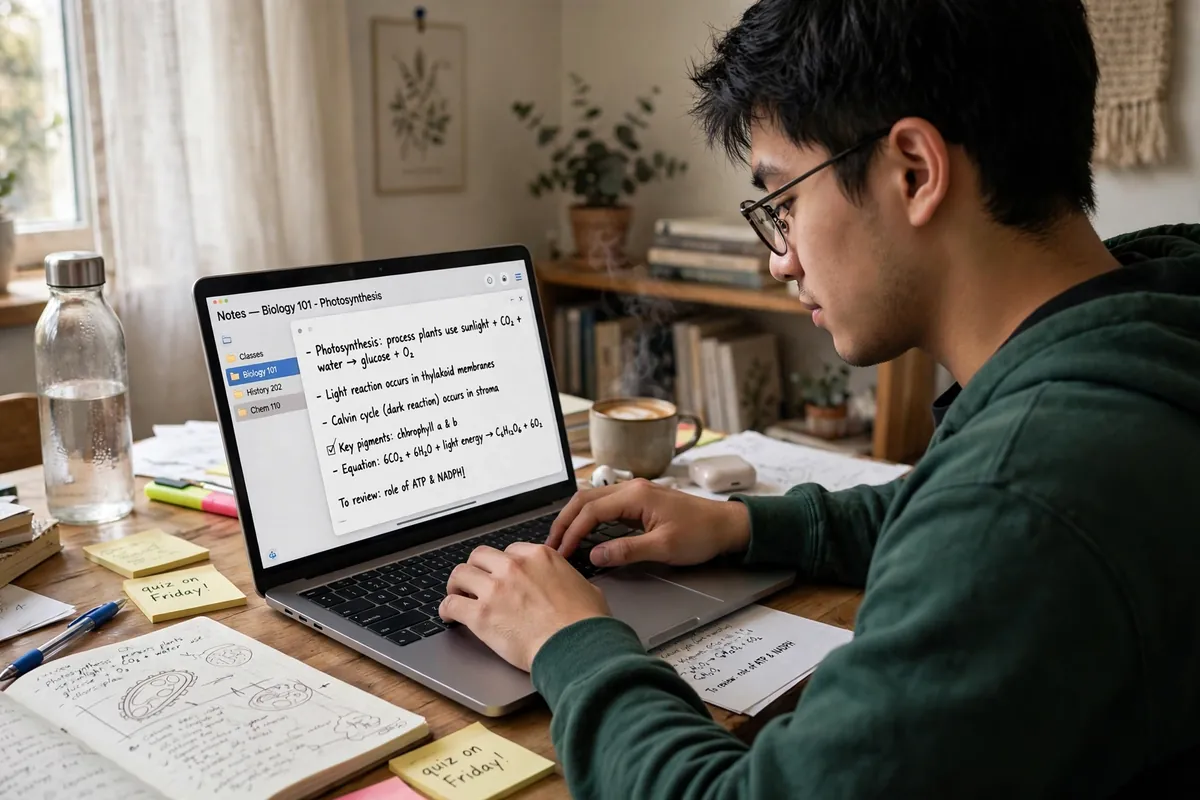 A student writing notes in a note-taking app on a laptop at a desk