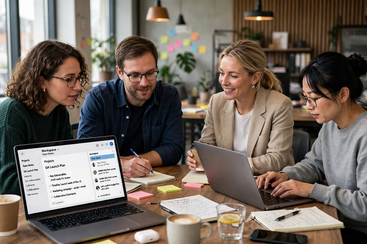 A team collaborating on notes in a workspace app during a meeting