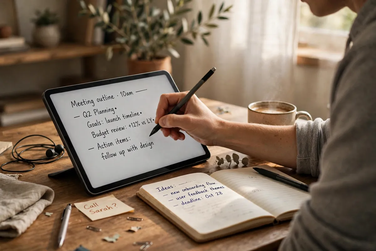 A person handwriting notes with a stylus on a tablet