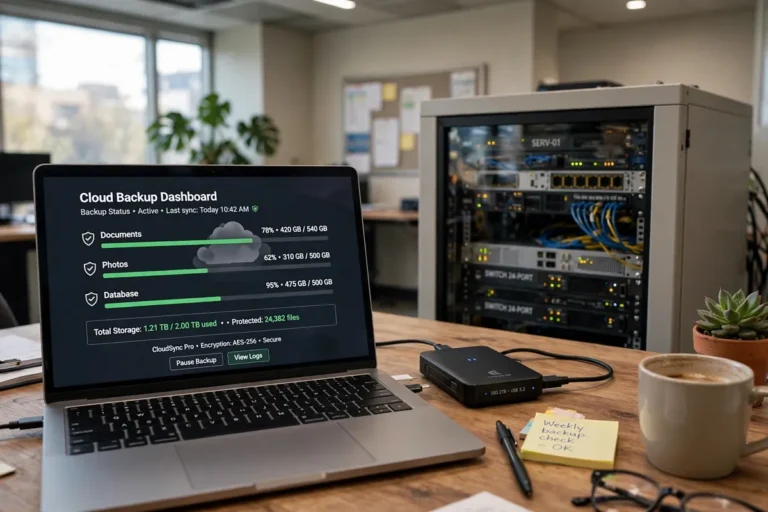 Laptop displaying a cloud backup for small business dashboard beside an office server rack