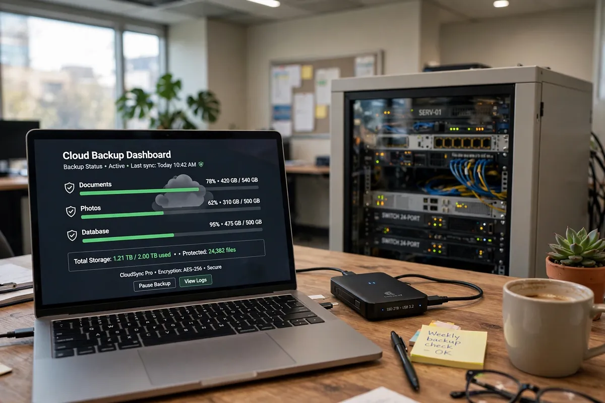 Laptop displaying a cloud backup for small business dashboard beside an office server rack