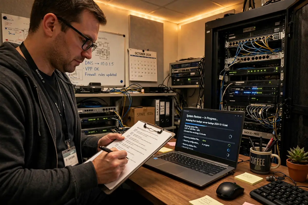 Technician verifying a cloud backup for small business restore with a checklist in a server room