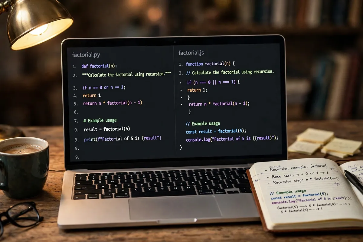 python vs javascript code comparison displayed on a laptop screen