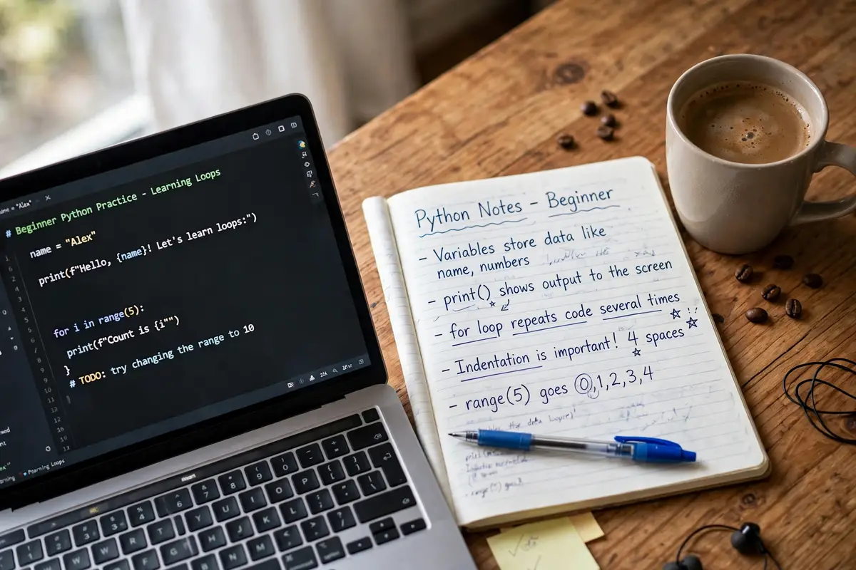 python vs javascript beginner learning setup with notebook and code