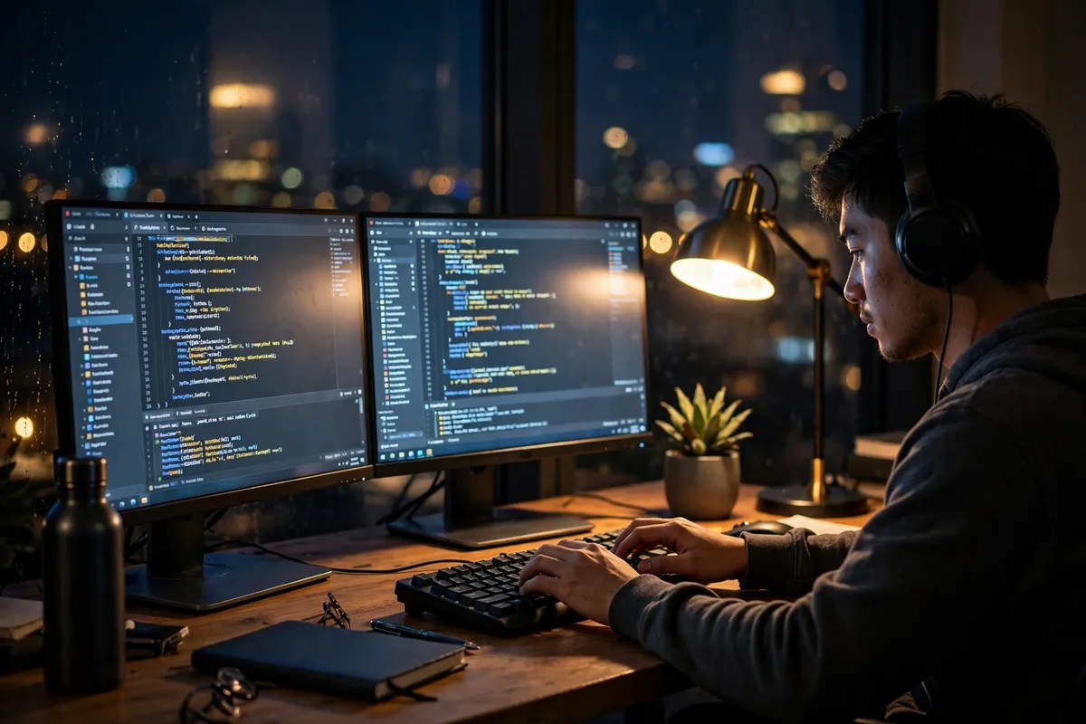 python vs javascript career decision concept with developer workspace