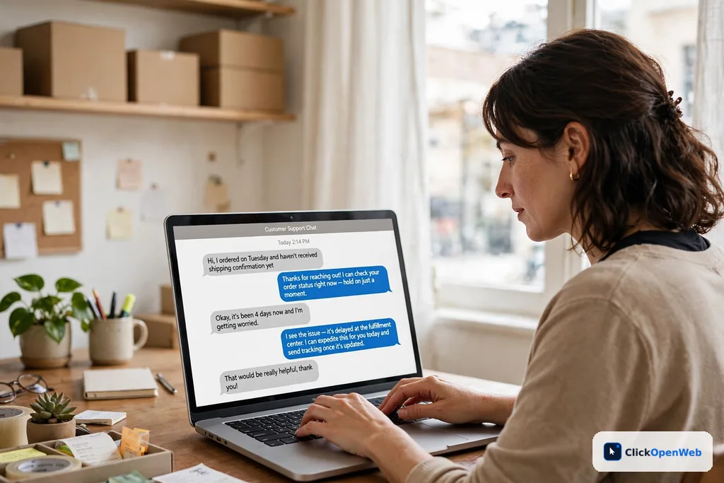 Small business owner reviewing an ai chatbot for small business on a laptop
