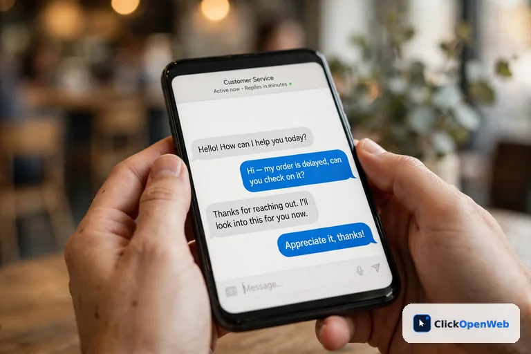 Customer chatting with a small business AI chatbot on a smartphone