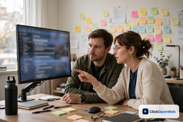 Small team reviewing chatbot conversation transcripts on a monitor
