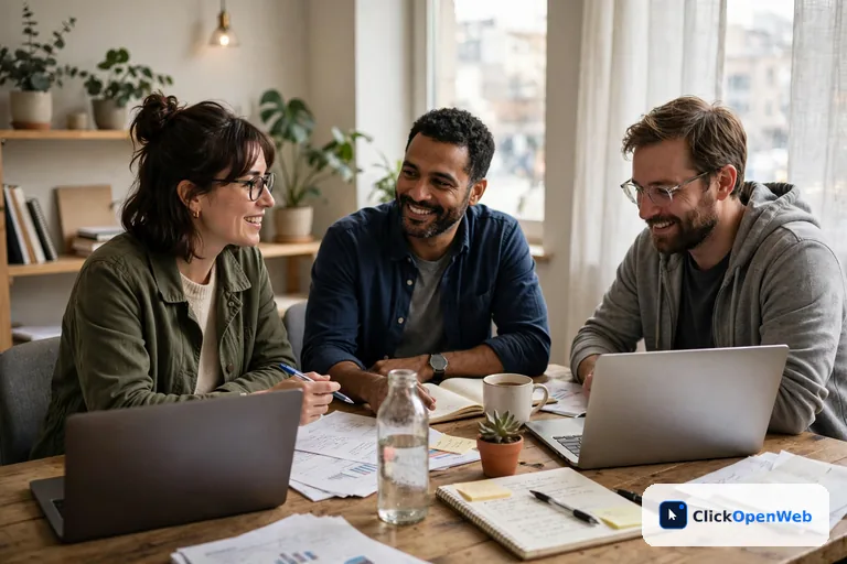 Small business team meeting at a table