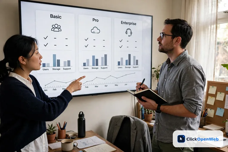 Small business team comparing ai writing tools for small business pricing plans on a screen