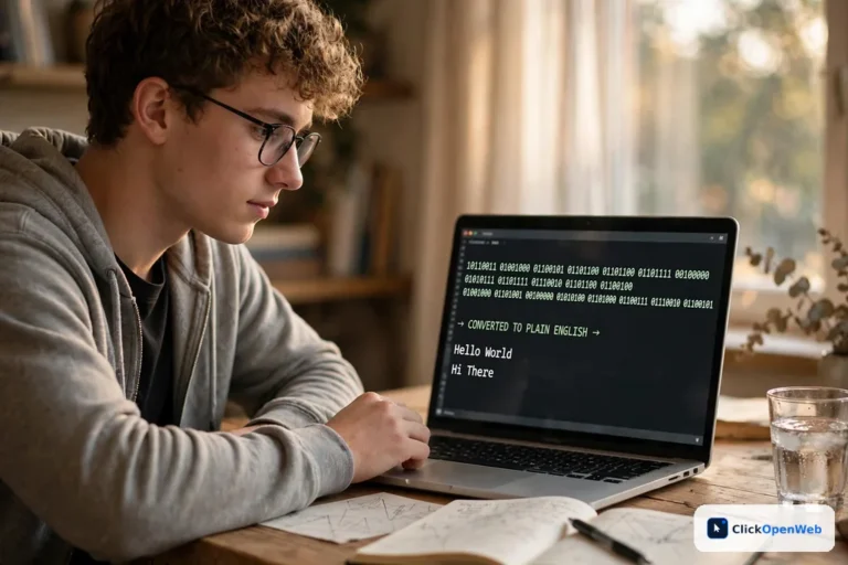 Young student learning how to use binary to text converter on a laptop