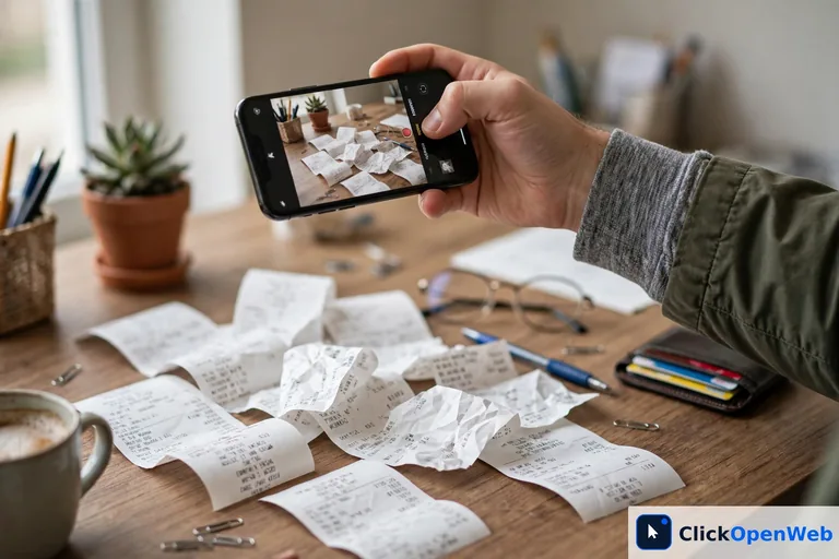 Small business owner photographing receipts with a phone for ai accounting tools for small business expense tracking