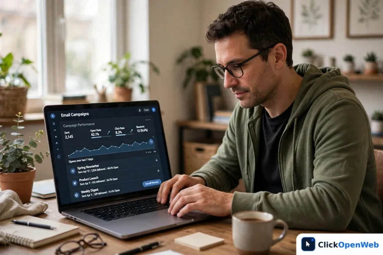 Small business owner reviewing an AI email marketing campaign performance dashboard on a laptop