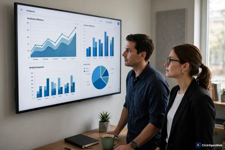Small business team reviewing social media analytics from ai social media tools for small business on a dashboard