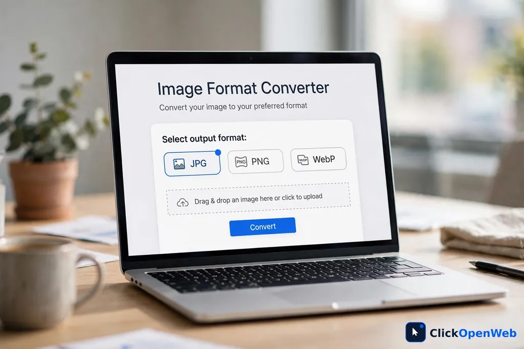 Laptop with an image converter open on screen, a simple how to use image converter example for beginners