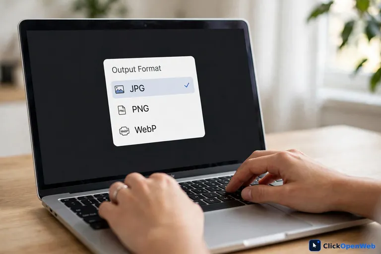 Hands choosing an output format in an online image converter, part of a how to use image converter walkthrough