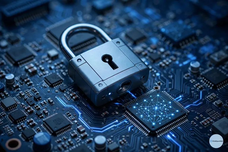 Cybersecurity padlock over a circuit board with AI theme