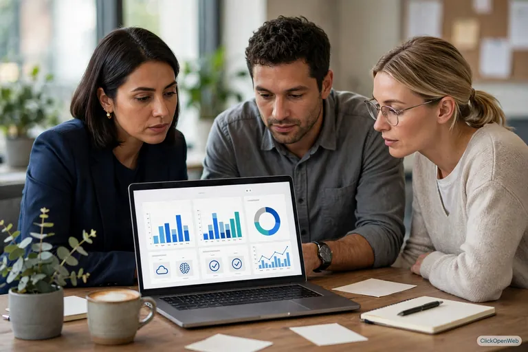 Sales team comparing AI software pricing on a dashboard screen