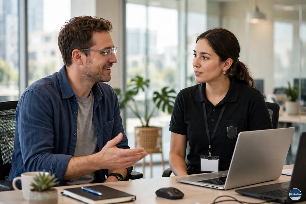 Small business owner talking to IT support technician in a bright modern office, best it company for small business.