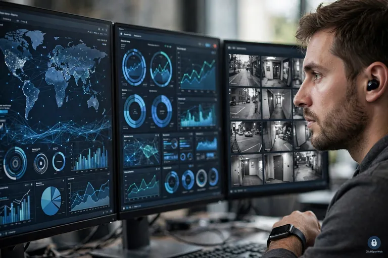 Close-up of a technician monitoring multiple computer screens with security dashboards, it support for small business