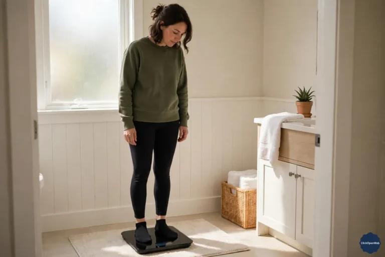Person weighing themselves on a digital bathroom scale at home before learning how to use BMI calculator