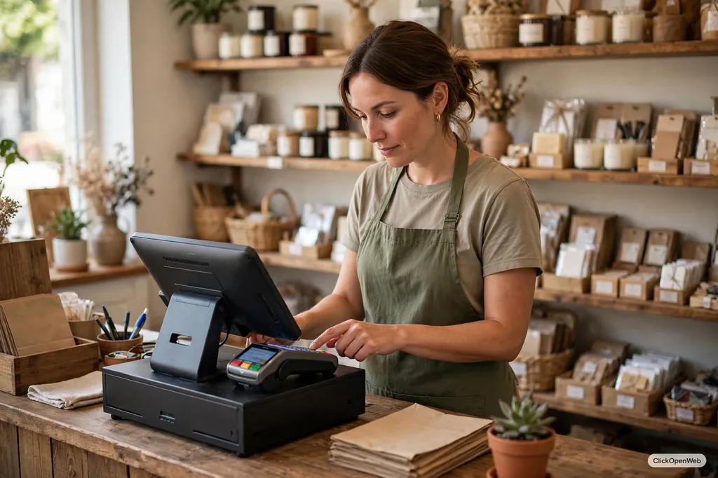Small business owner using a POS terminal at checkout counter, featured image for best POS system for small business guide