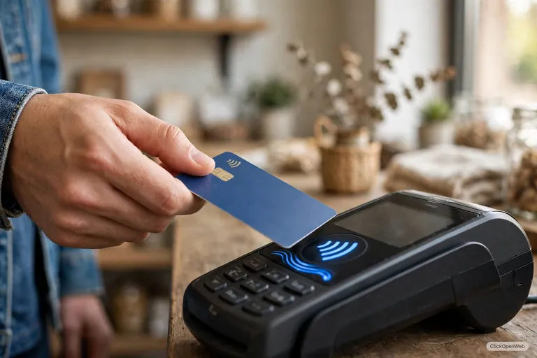 Close-up of hands tapping a card on a modern POS card reader at a small retail shop