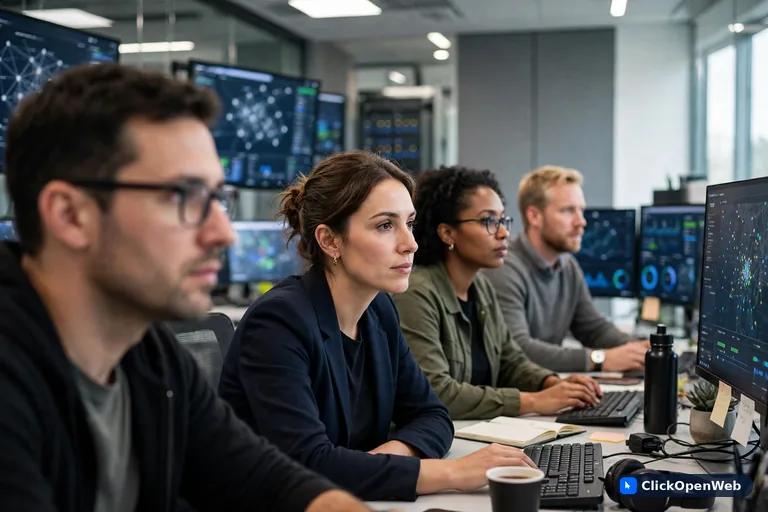 security analyst team monitoring screens in a modern security operations center, SOC monitoring small business