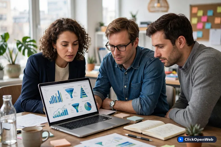 Sales team reviewing pipeline reports from a sales app on a laptop during a meeting