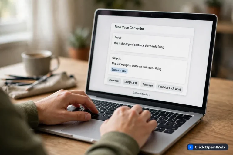 Person using a free case converter tool on a laptop to fix text capitalization