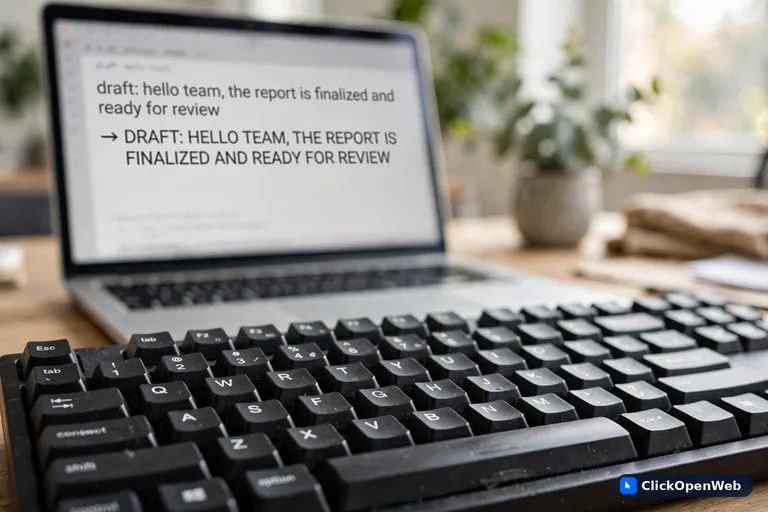 Close-up of a keyboard and a screen showing text changed from lowercase to uppercase