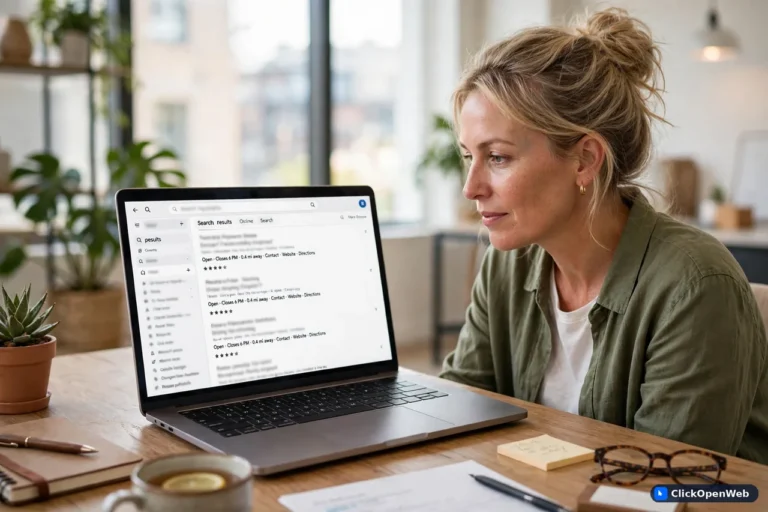 Small business owner looking at AI search results on a laptop