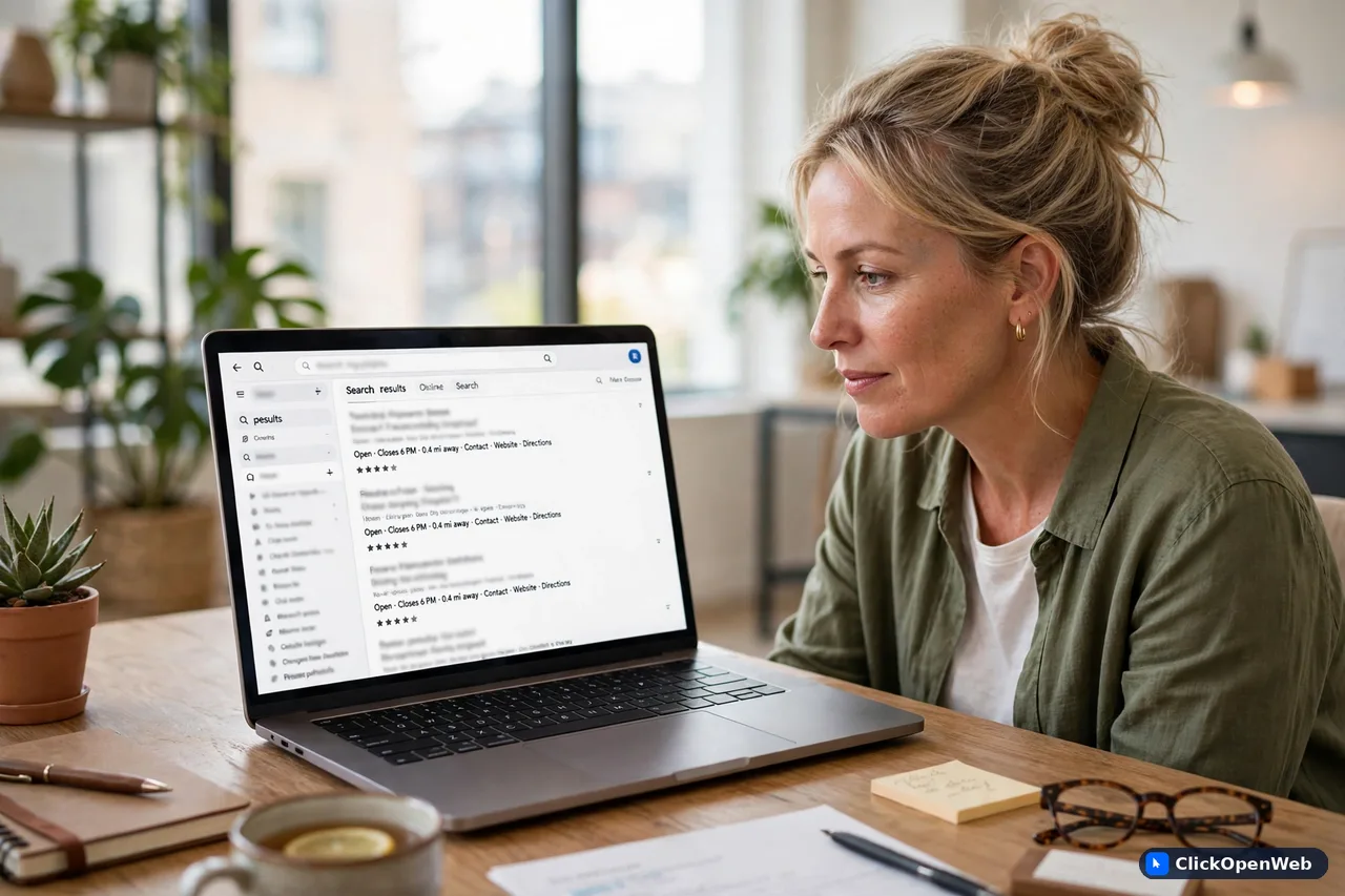 Small business owner looking at AI search results on a laptop