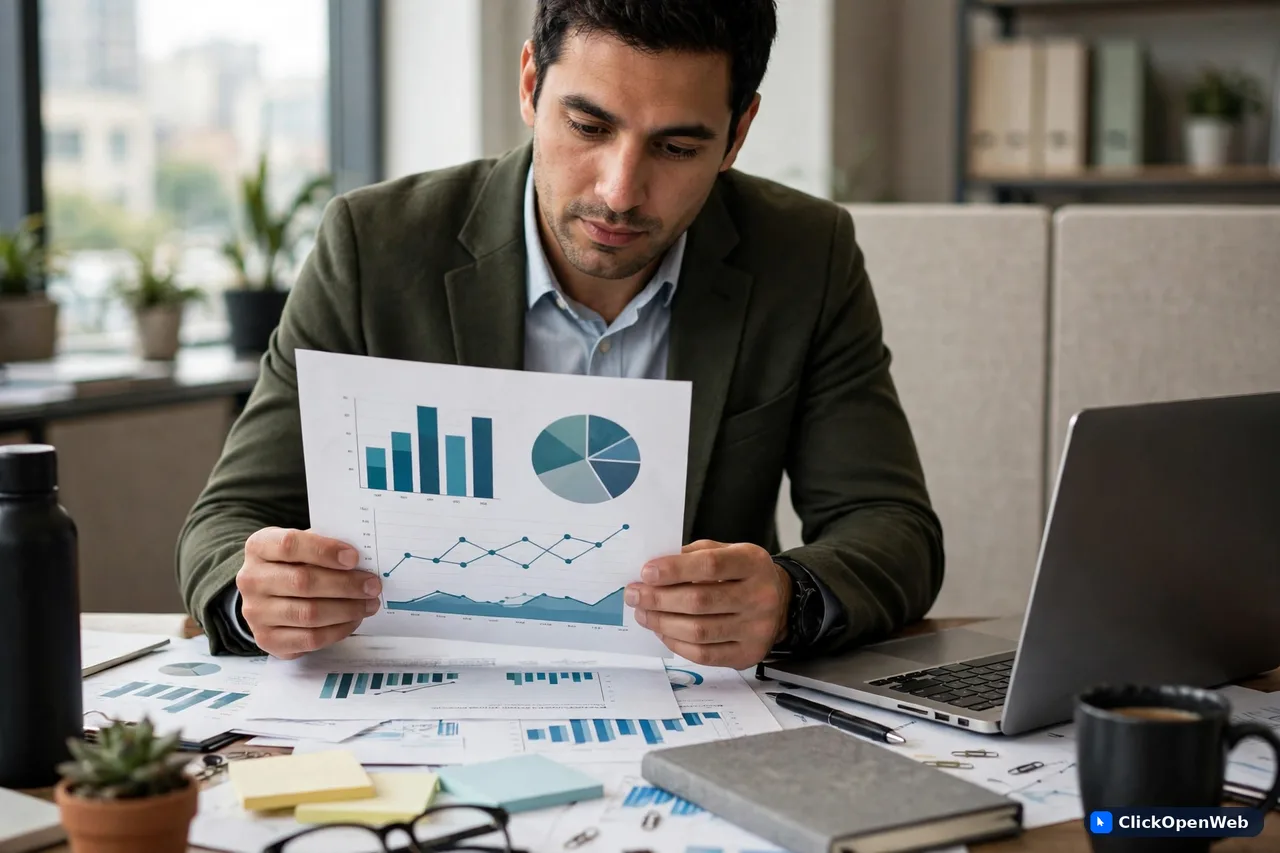 Consultant reviewing an AI visibility audit scorecard on a desk