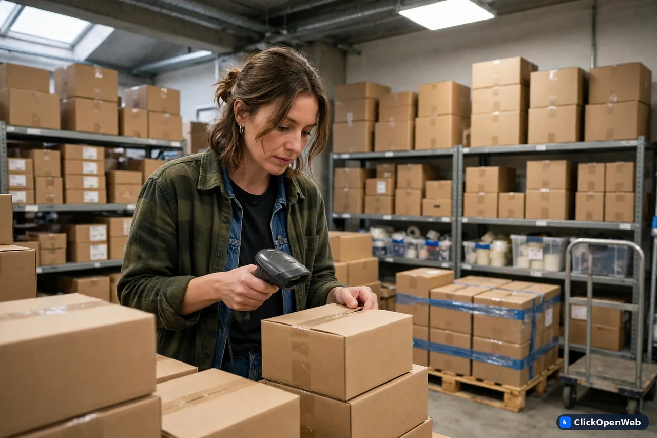 Small business owner counting stock boxes in a tidy warehouse while holding a barcode scanner, featured image