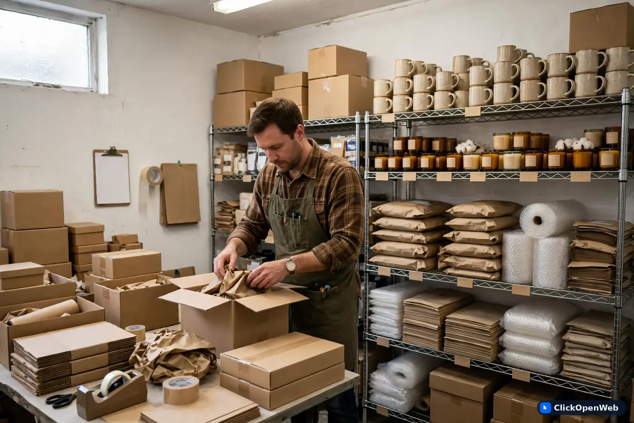 Owner packing orders in a small business stockroom with neatly labeled shelves of products, in-content image