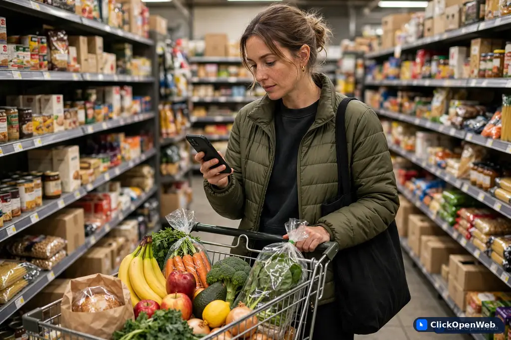 A shopper using an AI assistant on a phone to buy groceries with spending controls