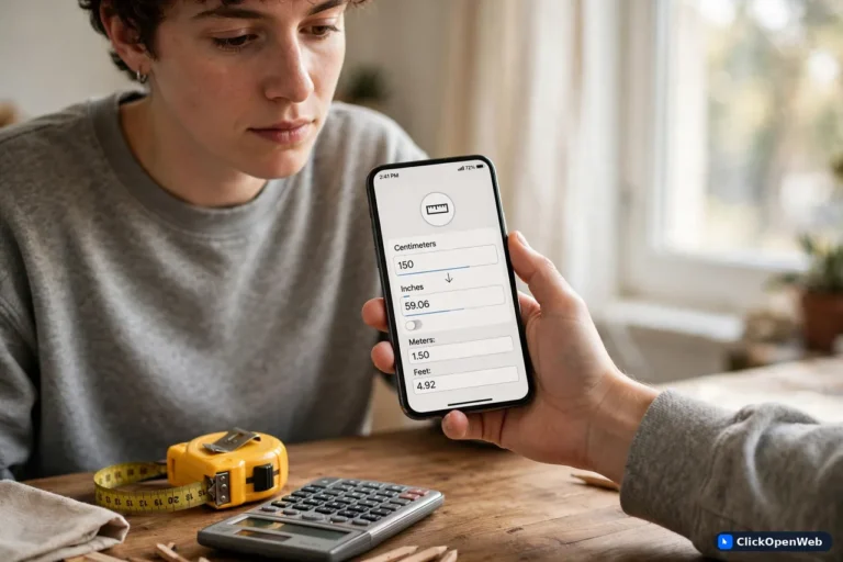 A person using a phone to convert measurements with an online unit converter tool