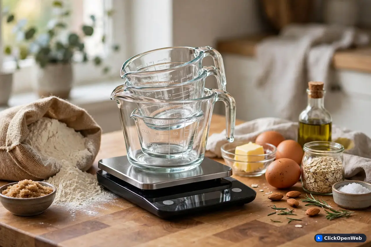 A kitchen scale and measuring cups showing weight and volume units ready for conversion