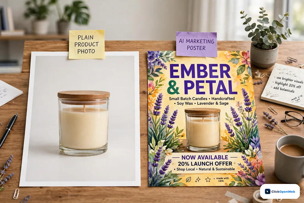 Side by side view of a product photo and an AI generated marketing poster for small business