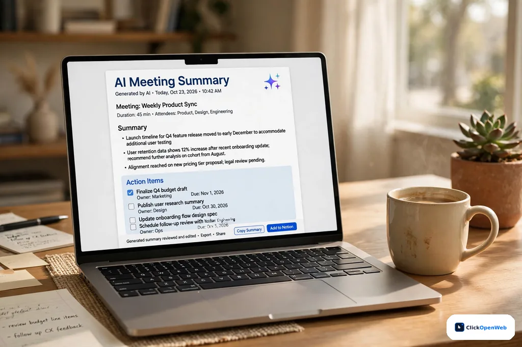 An AI meeting summary with action items shown on a laptop screen in a home office