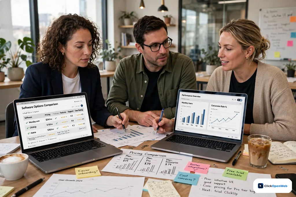 Small business team comparing software options for the best tools for small business owners